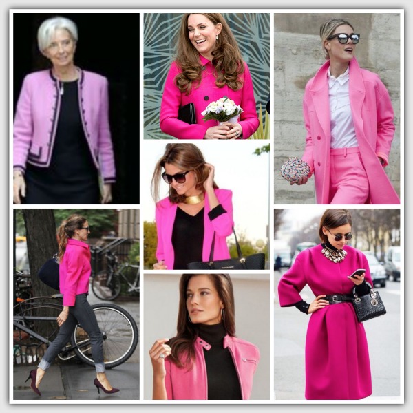 Pink jacket worn casually and dressed up with heels and scarf.