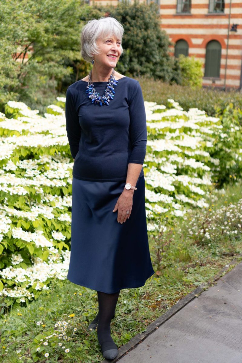 Styling a navy midi skirt three ways - Chic at any age